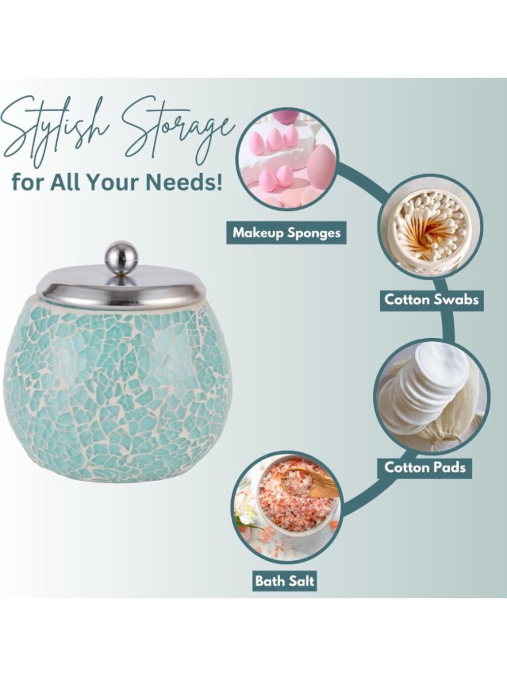 Handcrafted Turquoise Mosaic Glass Cotton Swab Jar - Coastal Boho Bath Decor